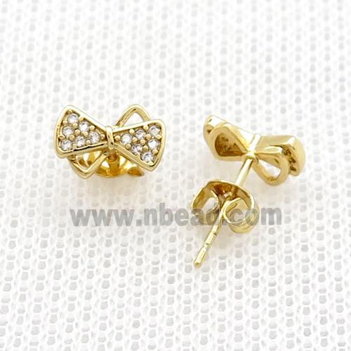 Copper Stud Earrings Pave Zircon Bowknot Gold Plated