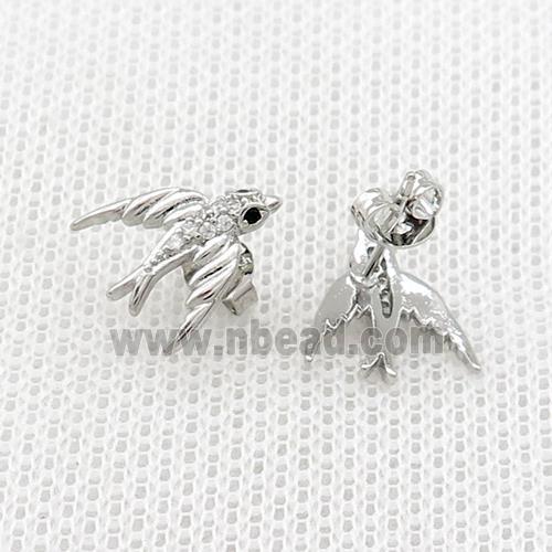Copper Stud Earrings Pave Zircon Swallow Birds Platinum Plated