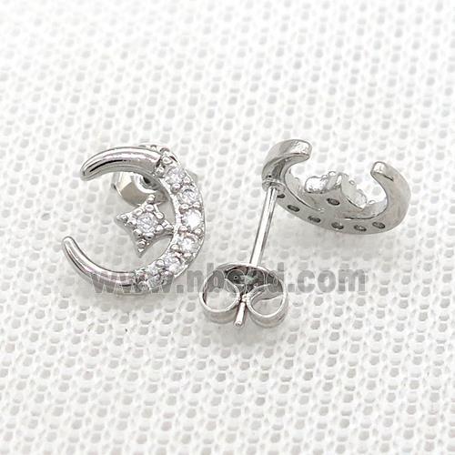Copper Stud Earrings Pave Zircon Moon Star Platinum Plated