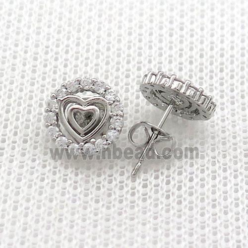 Copper Stud Earrings Pave Zircon Heart Circle Platinum Plated