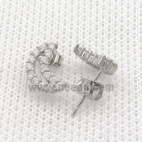 Copper Stud Earrings Pave Zircon Moon Platinum Plated