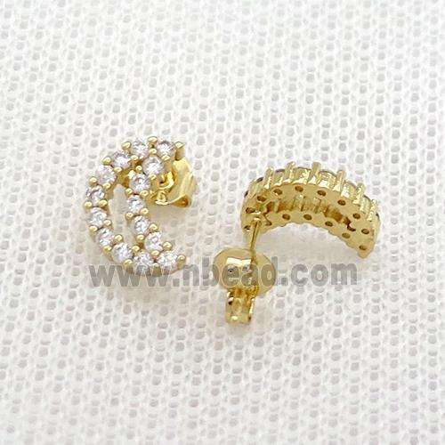Copper Stud Earrings Pave Zircon Moon Gold Plated