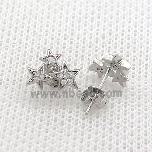 Copper Stud Earrings Pave Zircon Star Platinum Plated