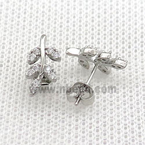Copper Stud Earrings Pave Zircon Leaf Platinum Plated
