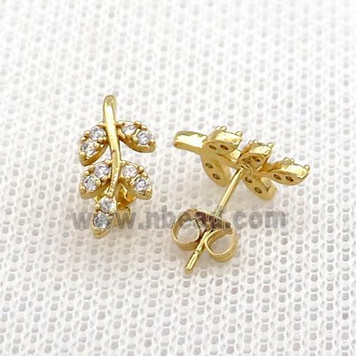 Copper Stud Earrings Pave Zircon Leaf Gold Plated