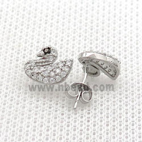 Copper Stud Earrings Pave Zircon Swan Platinum Plated