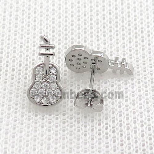 Copper Stud Earrings Pave Zircon Guitar Platinum Plated