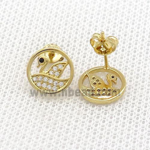 Copper Stud Earrings Pave Zircon Swan Gold Plated
