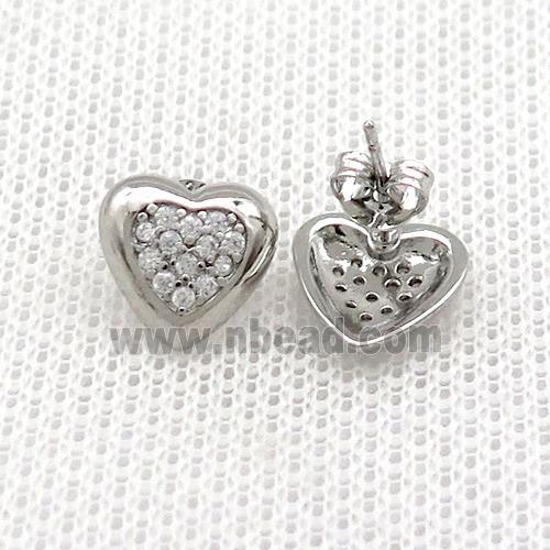 Copper Stud Earrings Pave Zircon Heart Platinum Plated
