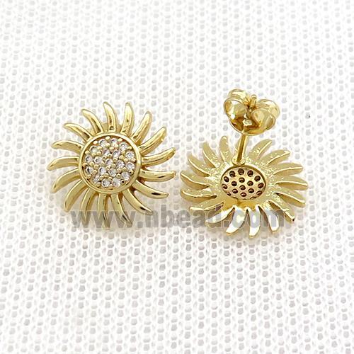 Copper Stud Earrings Pave Zircon Sun Gold Plated