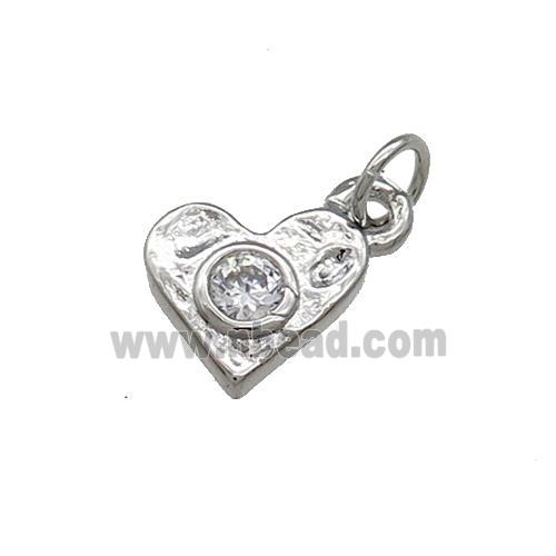 Copper Heart Pendant Pave Zircon Hammered Platinum Plated