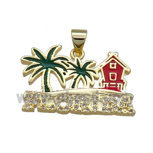 Copper Coconut Tree House Charms Pendant Pave Zircon Enamel Florida Gold Plated