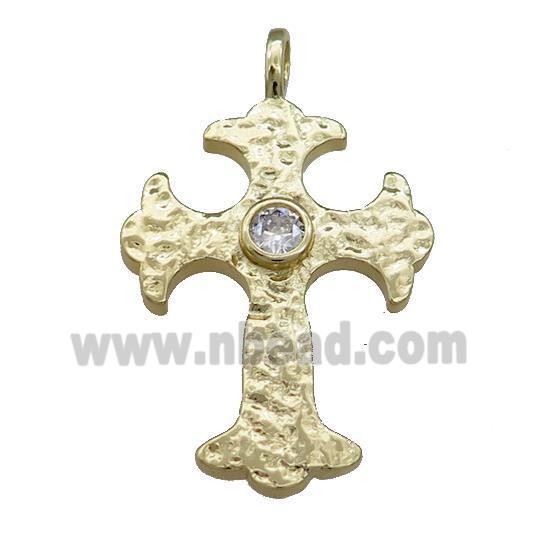 Copper Cross Pendant Pave Zircon Hammered Gold Plated