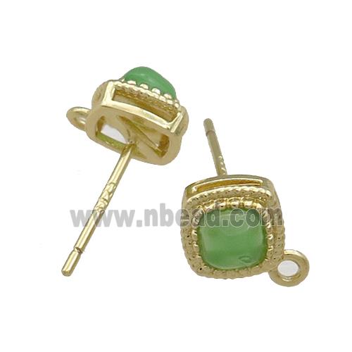Copper Stud Earrings Pave Green Jade Gold Plated