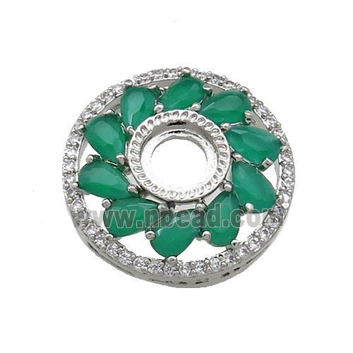 Copper Flower Pendant Pave Green Crystal Glass Zircon With Pad Circle Platinum Plated