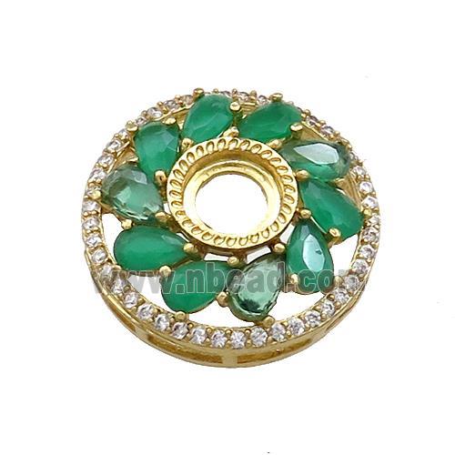 Copper Flower Pendant Pave Green Crystal Glass Zircon With Pad Circle Gold Plated