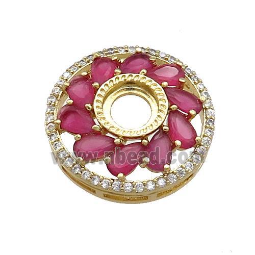 Copper Flower Pendant Pave Red Crystal Glass Zircon With Pad Circle Gold Plated