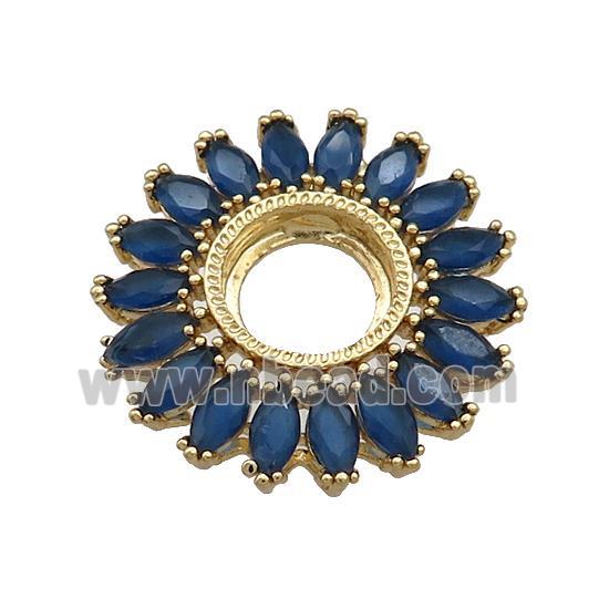 Copper Flower Pendant Pave Blue Crystal Glass Zircon With Pad Circle Gold Plated