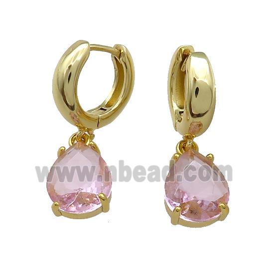 Copper Hoop Earrings Pave Pink Crystal Glass Teardrop Gold Plated