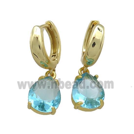 Copper Hoop Earrings Pave Aqua Crystal Glass Teardrop Gold Plated