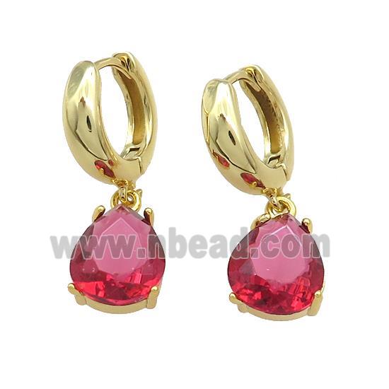 Copper Hoop Earrings Pave Red Crystal Glass Teardrop Gold Plated