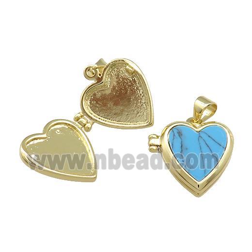 Copper Locket Pendant Pave Blue Turquoise Heart Gold Plated