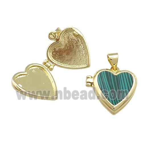 Copper Locket Pendant Pave Synthetic Malachite Heart Gold Plated