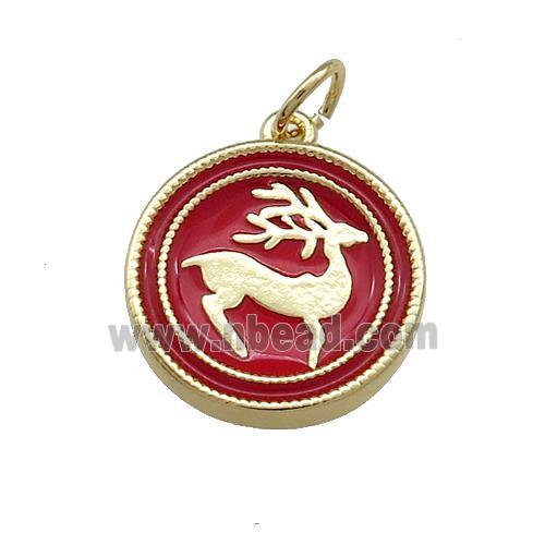 Christmas Reindeer Charms Copper Pendant Circle Red Enamel Gold Plated