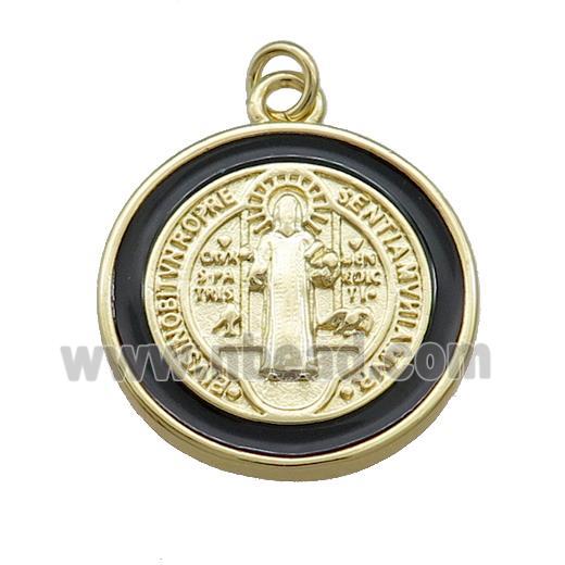Copper Jesus Pendant Religious Medal Charms Black Enamel Circle Gold Plated