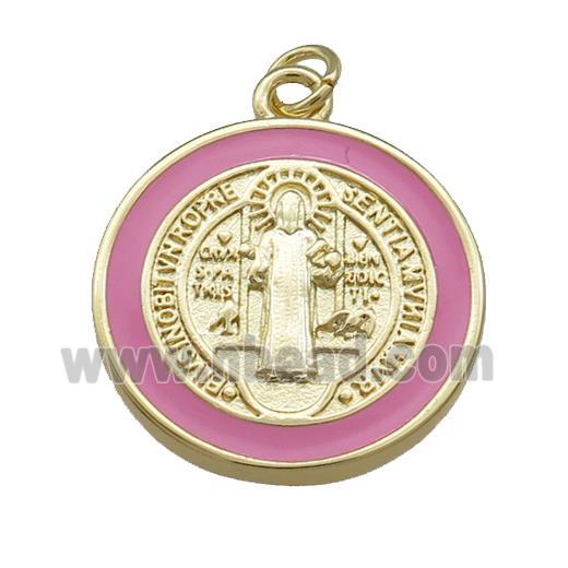 Copper Jesus Pendant Religious Medal Charms Pink Enamel Circle Gold Plated
