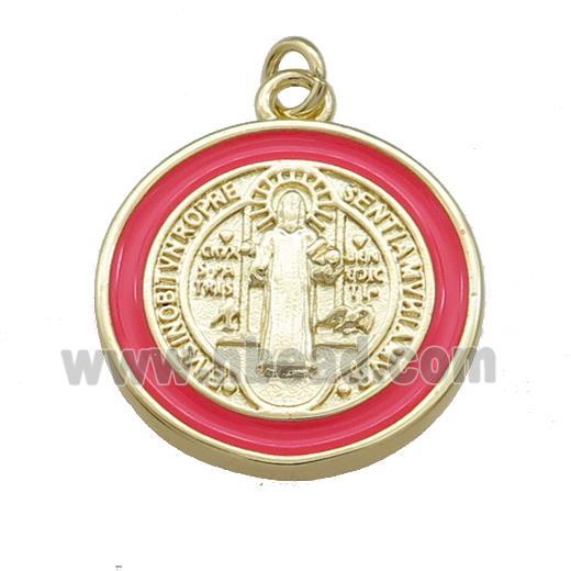 Copper Jesus Pendant Religious Medal Charms Red Enamel Circle Gold Plated
