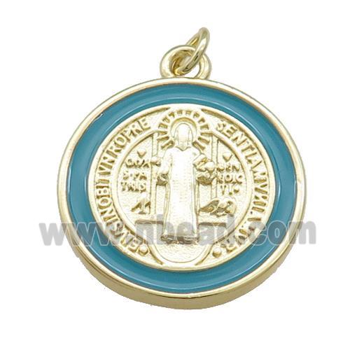 Copper Jesus Pendant Religious Medal Charms Green Enamel Circle Gold Plated