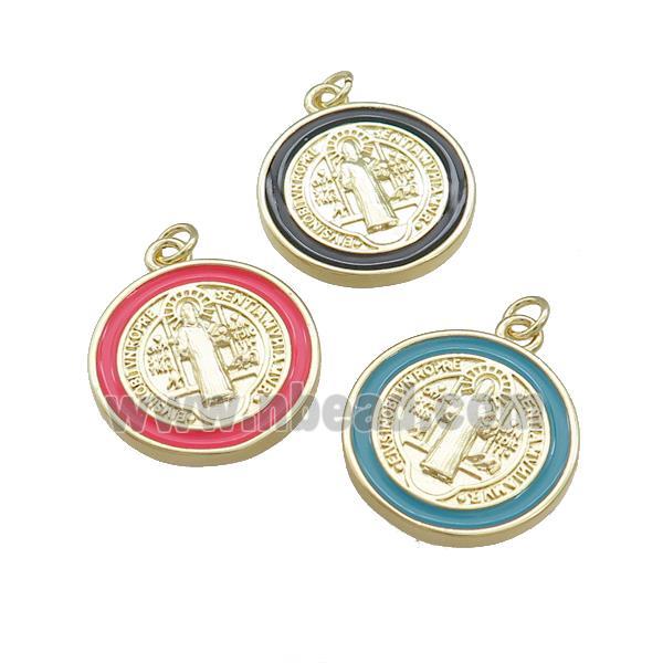 Copper Jesus Pendant Religious Medal Charms Enamel Circle Gold Plated Mixed