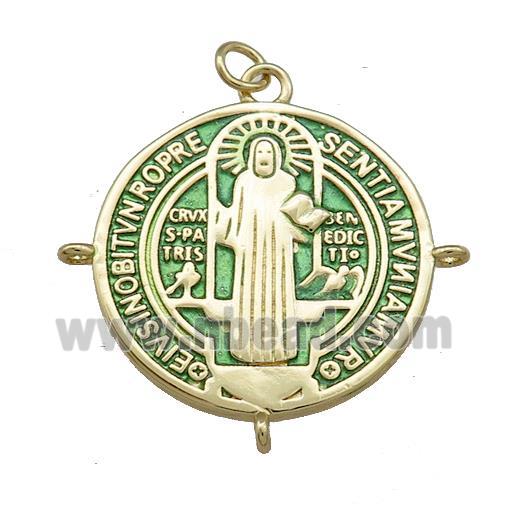 Copper Jesus Pendant Religious Medal Charms Green Painted Circle Gold Plated
