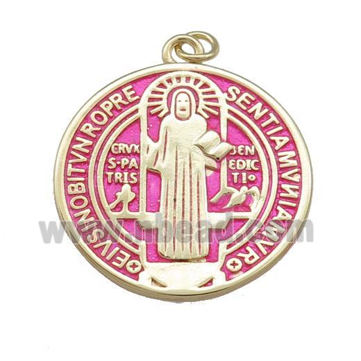 Copper Jesus Pendant Religious Medal Charms Pink Painted Circle Gold Plated