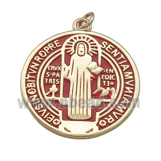 Copper Jesus Pendant Religious Medal Charms Red Painted Circle Gold Plated