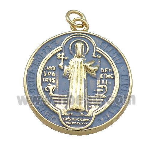 Copper Jesus Pendant Religious Medal Charms BlueGray Painted Circle Gold Plated