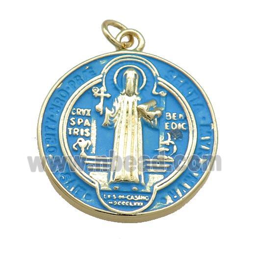 Copper Jesus Pendant Religious Medal Charms Blue Painted Circle Gold Plated