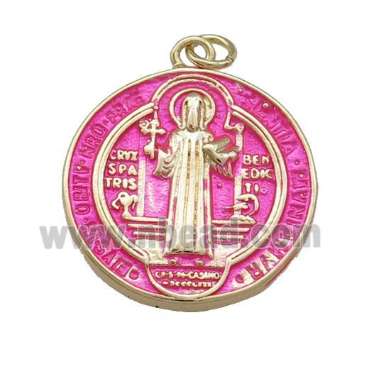 Copper Jesus Pendant Religious Medal Charms HotPink Painted Circle Gold Plated