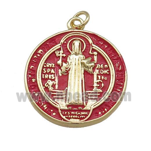 Copper Jesus Pendant Religious Medal Charms Red Painted Circle Gold Plated