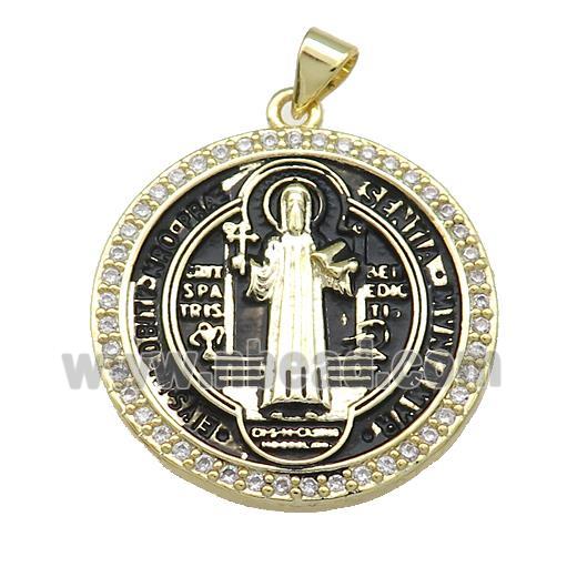 Copper Jesus Pendant Pave Zircon Religious Medal Charms Black Painted Circle Gold Plated