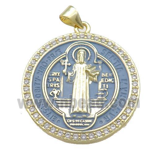 Copper Jesus Pendant Pave Zircon Religious Medal Charms GrayBlue Painted Circle Gold Plated