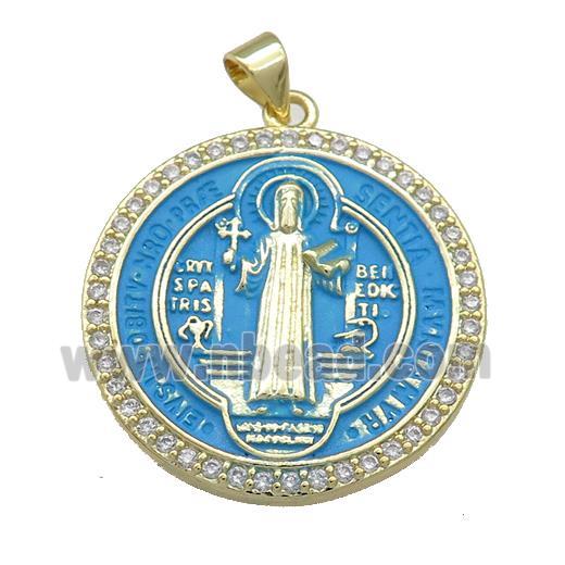 Copper Jesus Pendant Pave Zircon Religious Medal Charms Blue Painted Circle Gold Plated