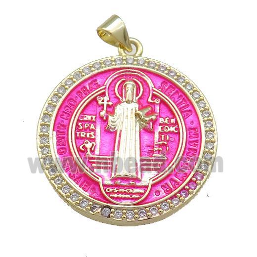Copper Jesus Pendant Pave Zircon Religious Medal Charms Hotpink Painted Circle Gold Plated