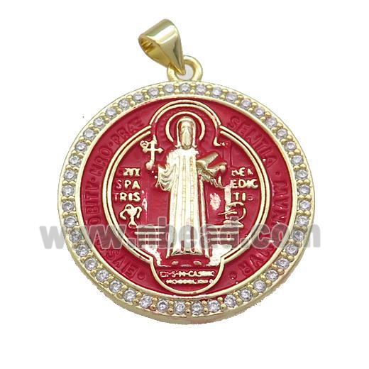 Copper Jesus Pendant Pave Zircon Religious Medal Charms Red Painted Circle Gold Plated