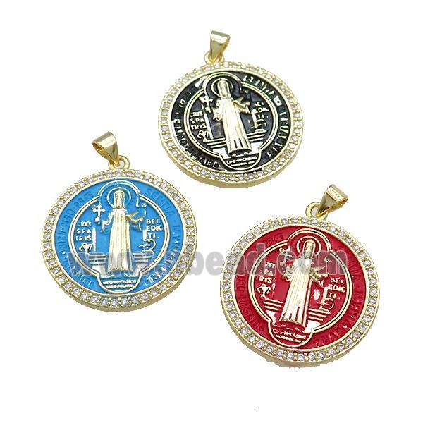 Copper Jesus Pendant Pave Zircon Religious Medal Charms Painted Circle Gold Plated Mixed