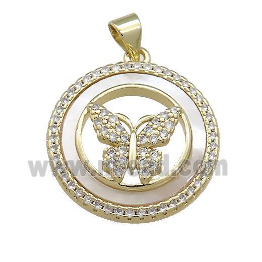 Copper Circle Pendant Pave Shell Zircon Butterfly 18K Gold Plated