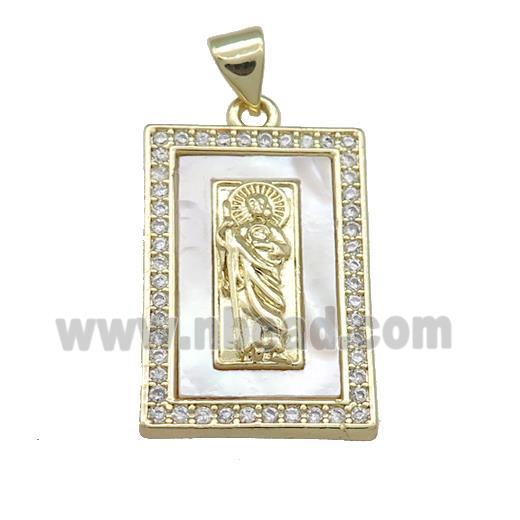 Jesus Charms Copper Rectangle Pendant Pave Shell Zircon 18K Gold Plated