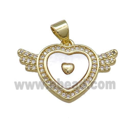Copper Heart Pendant Pave Shell Zircon Angel Wings 18K Gold Plated