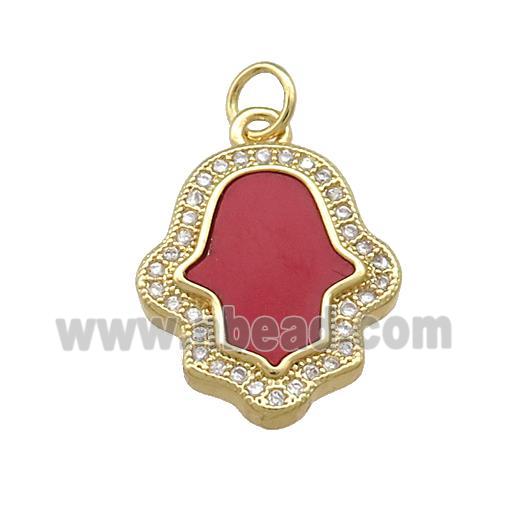 Copper Hamsahand Pendant Pave Red Shell Zircon 18K Gold Plated